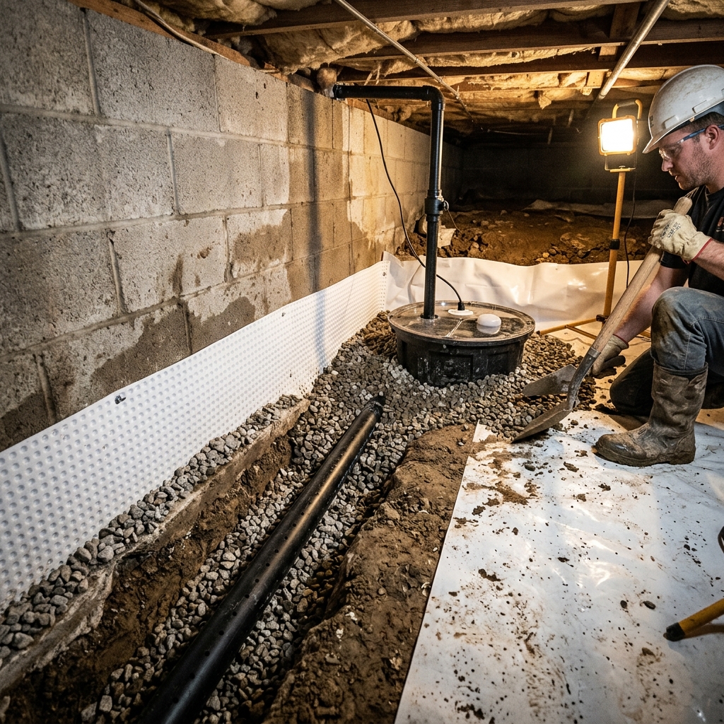 Professional Crawl Space Waterproofing & Drainage installation photo
