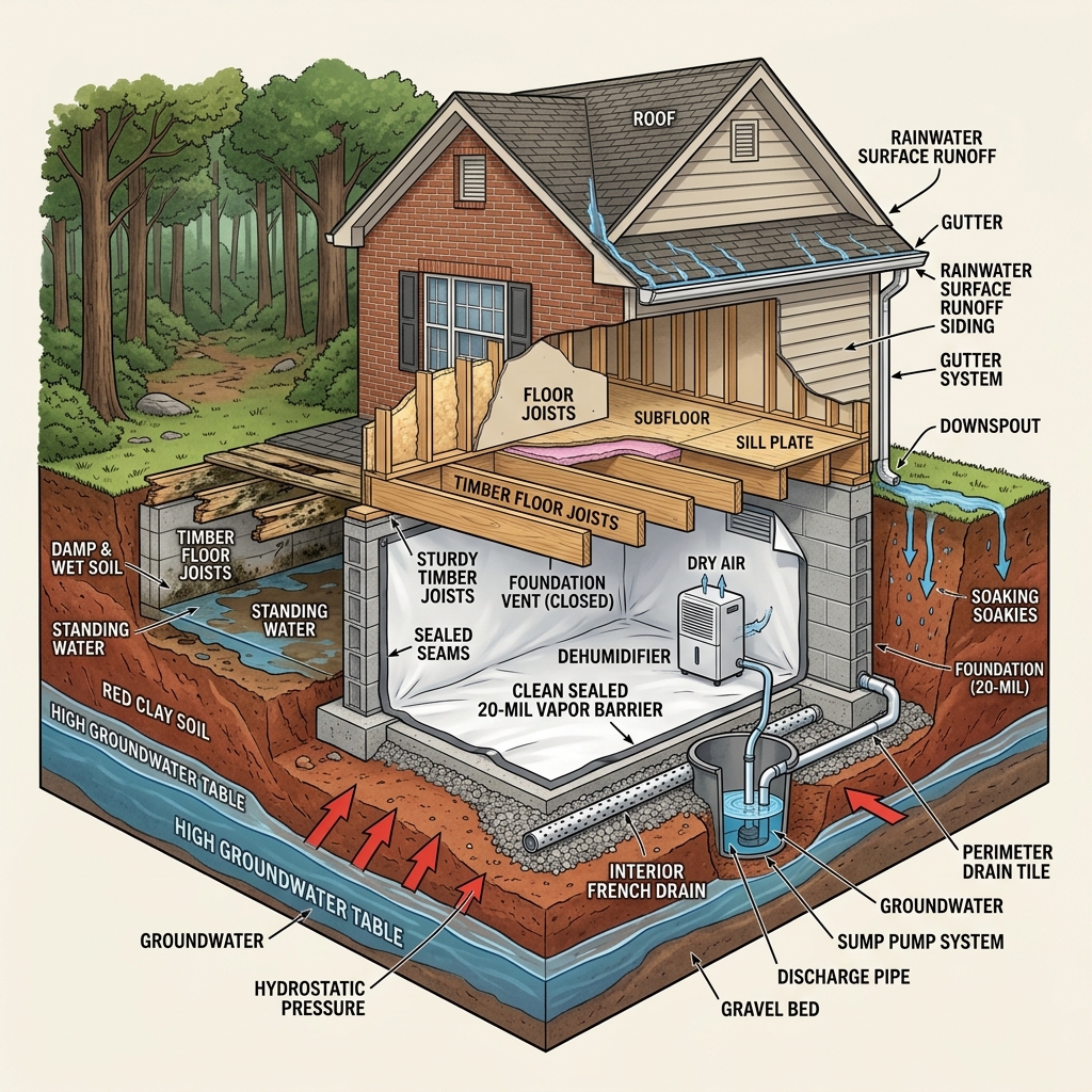 Hydrogeology and Foundation Moisture Mechanics Cutaway Diagram for Concord, NC